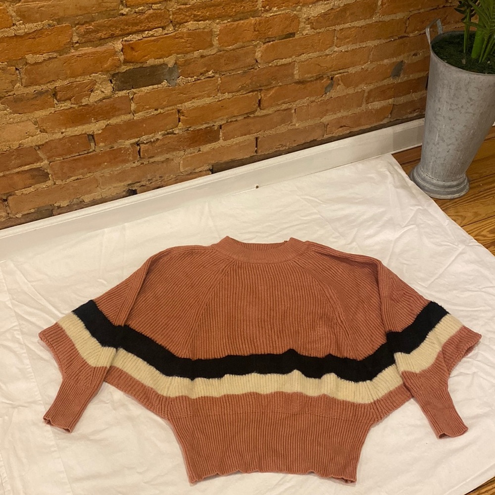 Salmon Sweater with Cream and Black Stripes
